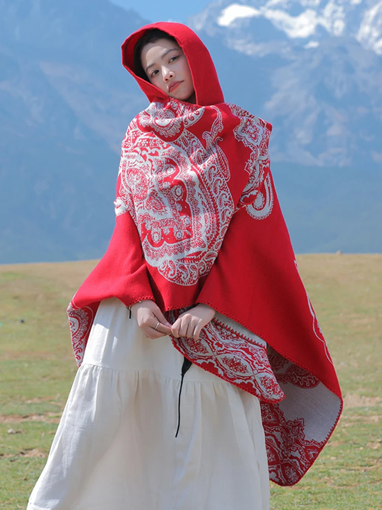 Новый осенне-зимний ретро-шарф женское пончо с капюшоном теплое цветочным