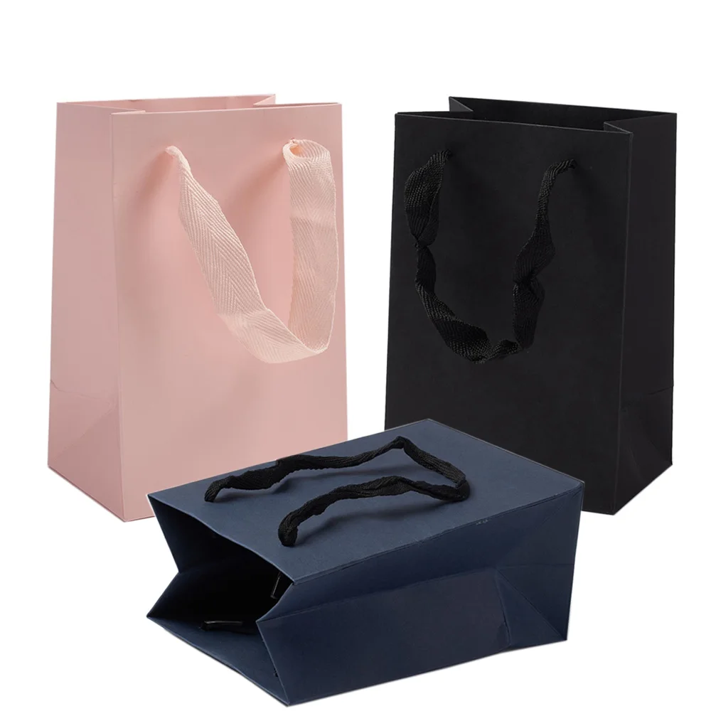 12/20pcs Rectangle Kraft Paper Pouches Gift Shopping Bags with Ribbon Handles Bag 3 Size Choose Black/Pink/Prussian Blue