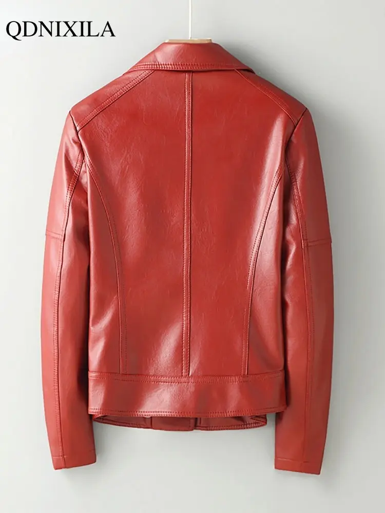 2022 Spring Autumn Women's Faux Leather Jacket Moto Biker Zipper Asymmetric Red PU Imitation Leather Women Coat Oversize Winter enlarge