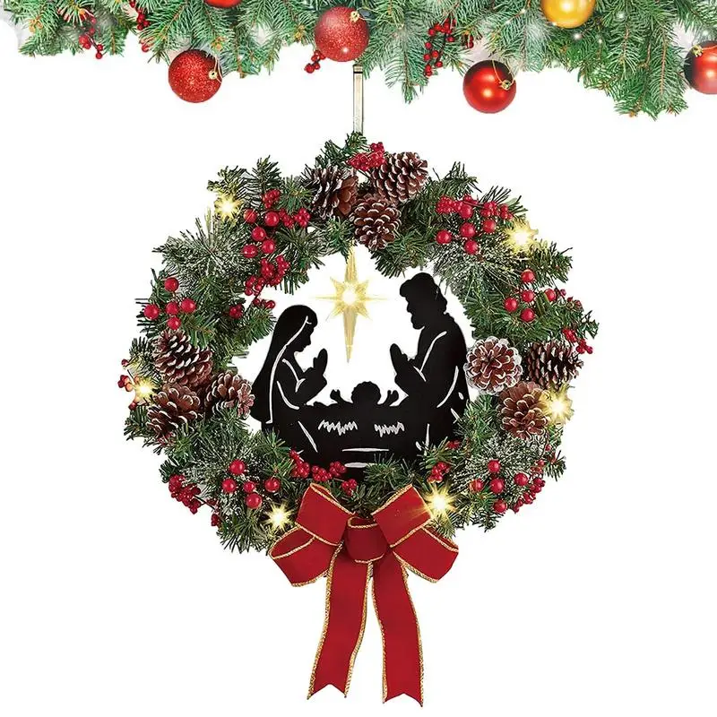 

Рождественские венки, уличный Рождественский венок, зимнее украшение ручной работы, освещенный Рождественский венок, украшение с Иисусом н...