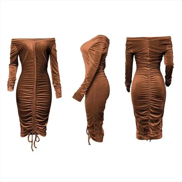 

Ql Womens Clothing Dress Autumn And Winter V-neck Off-shoulder Veet Pleating