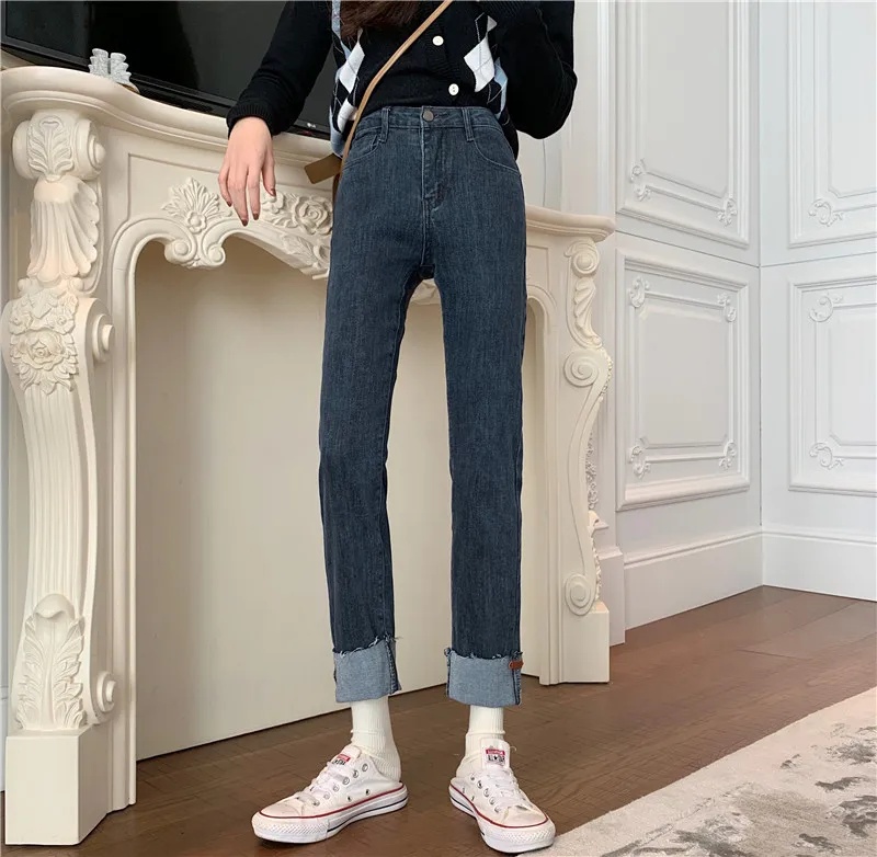 DD3321  New high-waisted thin curled elastic straight pipe nine-point jeans women's all-match pants jeans