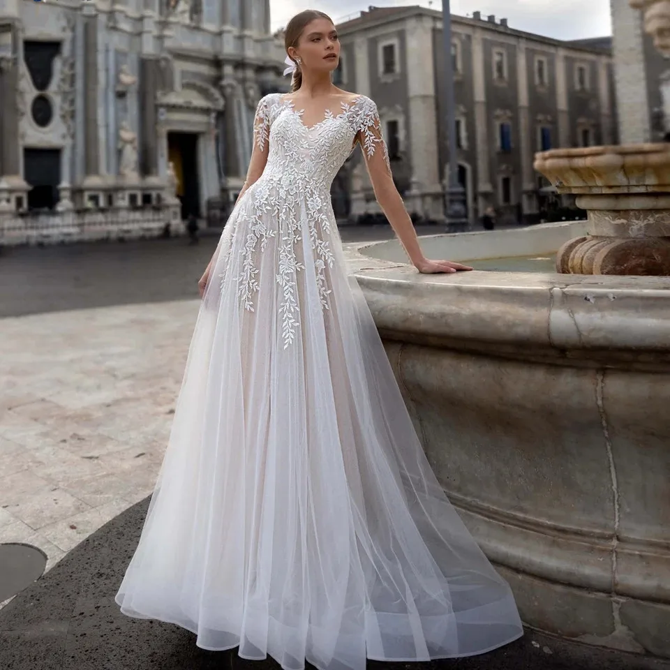 

Женское свадебное платье из тюля Musetta, элегантное кружевное платье с длинным рукавом, круглым вырезом, аппликацией и пуговицами на спине, 2022