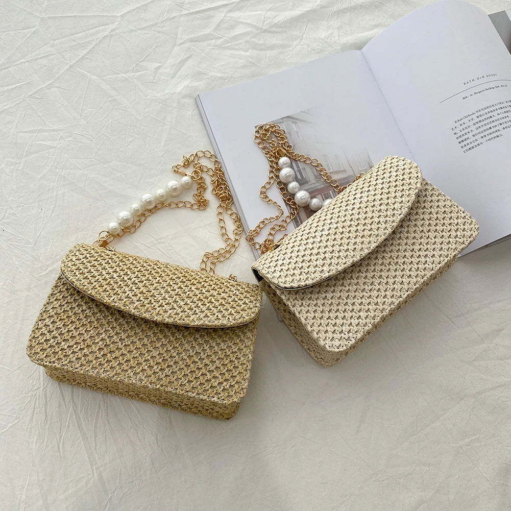

2021 Ladies Vintage Small Purse Handbags Vacation Women Woven Pure Color Pearl Chain Mini Shoulder Messenger Bag