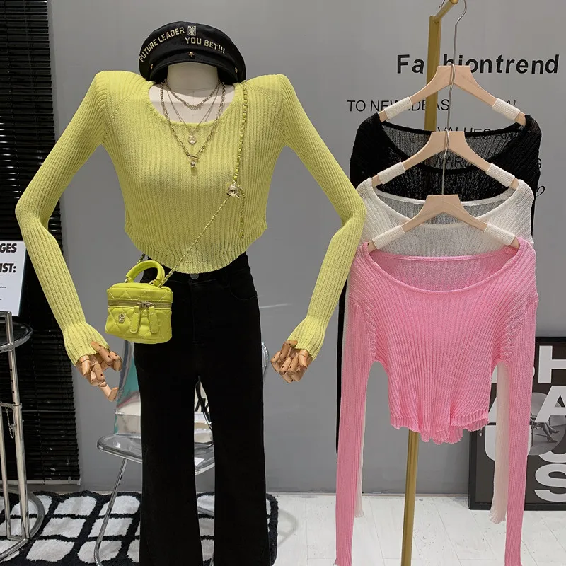 

Новинка, женская одежда, весна 2023, облегающий нестандартный короткий свитер с круглым вырезом для девочек, пуловер, вязаная рубашка с длинны...