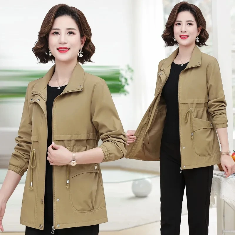 

XL-6XL Mid-elderly women's autumn clothing New Mother's spring Windbreaker jacket Women's outerwear Lining Trench Solid Color LA