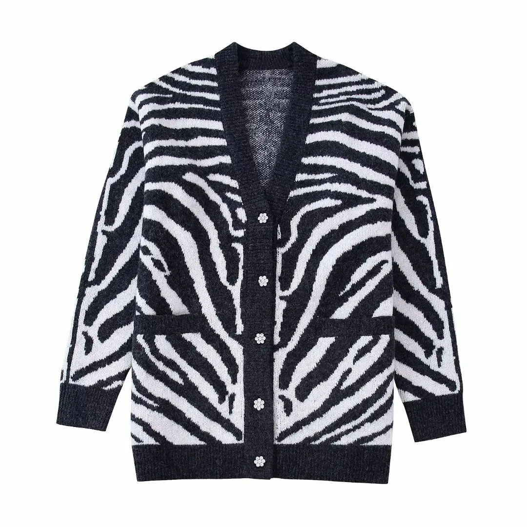 

Y2K Zebra stripes Cardigan Tops Fall Winter Sweater V-neck Gem Buttons Sweaters Women Oversized Cardigans Long Sleeve Knit Top