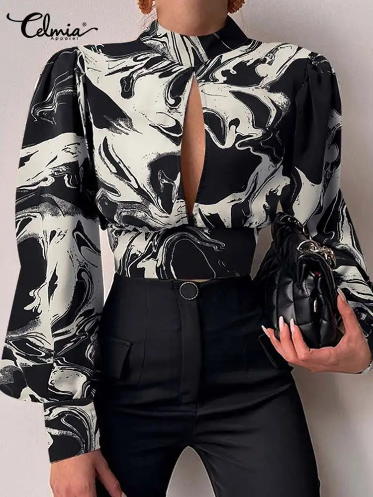 

Celmia Bandage Waist Printed Blusas Fashion Backness Sexy Chest Hollowing Party Short Tops Streetwear Puff Sleeve Women Blouses