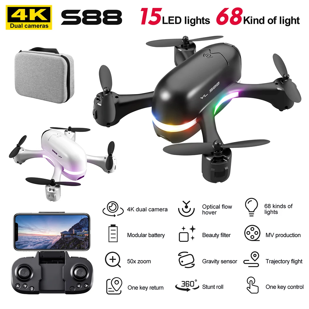 

S88 Mini Drone 4K HD FPV Single / Dual Camera RC Drone Helicopter 2.4GHz WiFi Aircraft Headless Mode LED Lights Quadcopter Toys