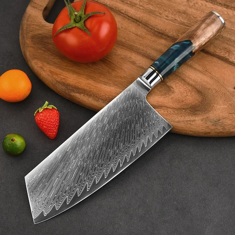 Фото Дамасский нож для измельчения овощей, ножи для мяса, 8-дюймовая ручка из Rezin, кухонные ножи, профессиональные ножи шеф-повара, инструменты для приготовления пищи №1