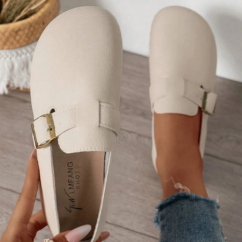 

Minimalist Fashion 2023 Summer Flats Buckle Decor Pure Color Slip-on Women Casual Home Soft Flat Ladies Shoes Beige Loafer Flats