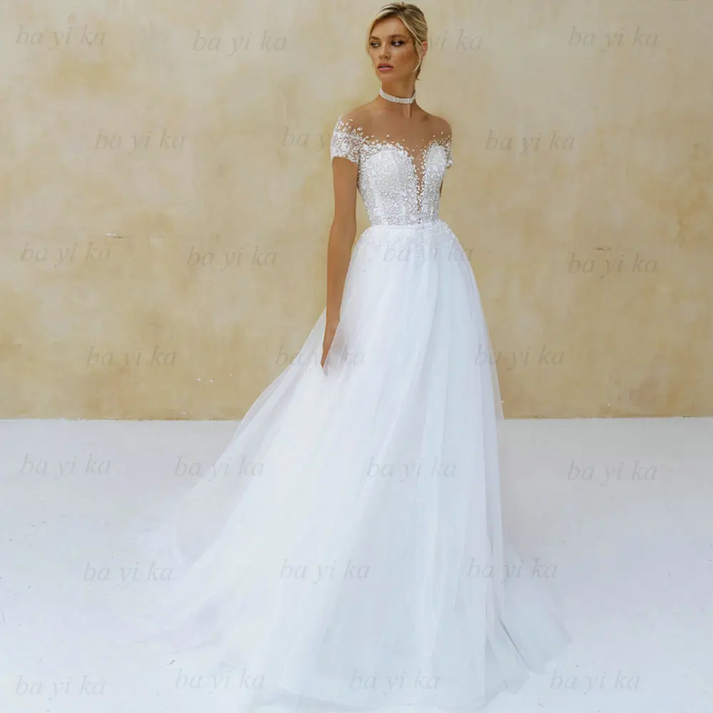 

Illusion New Sparkling Tulle Lace Wedding Dress For Women Dubai Elegant V-Neck Sweep Train Bridal Gowns Hääpuku Vestido De Novia