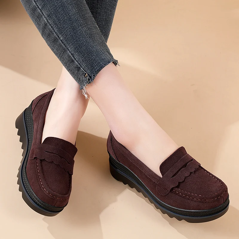 High Quality New Women Flats Platform Cow Suede Loafers Wedges Heeled Woman Casual Shoes Ladies Female Slip-on Shoes Moccasins