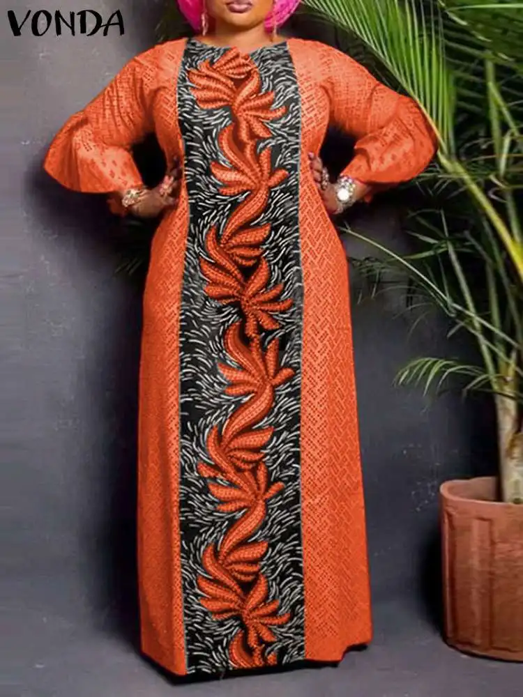 

Bohemian Maxi Dress 2023 VONDA Vintage Printed Women Summer 3/4 Flare Sleeve Long Sundress Casual Loose Holiday Beach Robe Femme