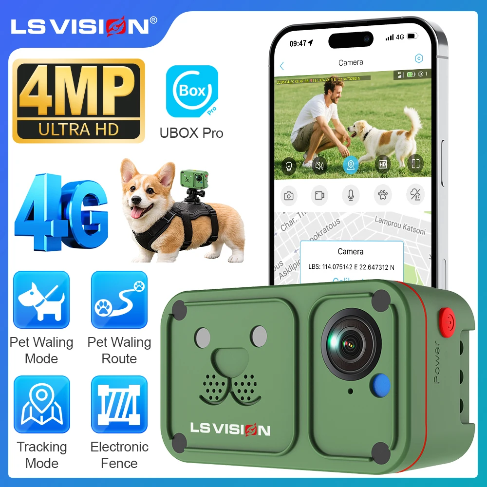 Фото LS VISION 4MP 4G SIM-камера для домашних животных с GPS-трекером, G-сенсором, водонепроницаемостью IP66, камера для ошейника с приложением Ubox Pro для телефона №1