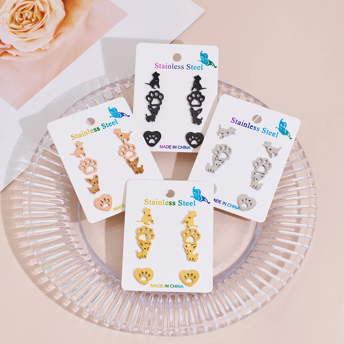 Shuangshuo 4 пары/компл. милые серьги-гвоздики со следами домашних животных для женщин