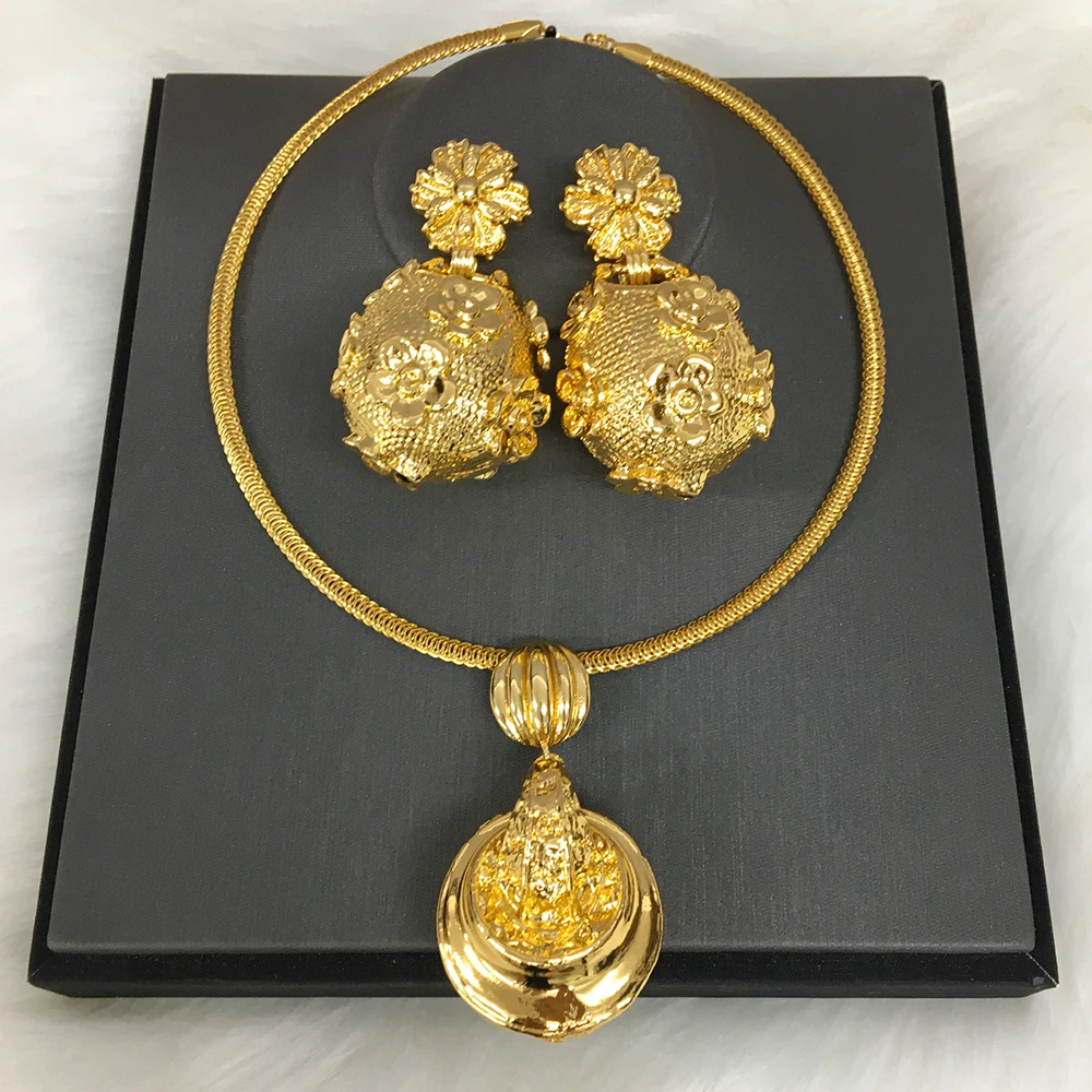

Gold Copper Jewelry Sets For Women Fashion Drop Earrings Pendant Necklace Sets Dubai Copper Wedding Party Jewelry Accessories