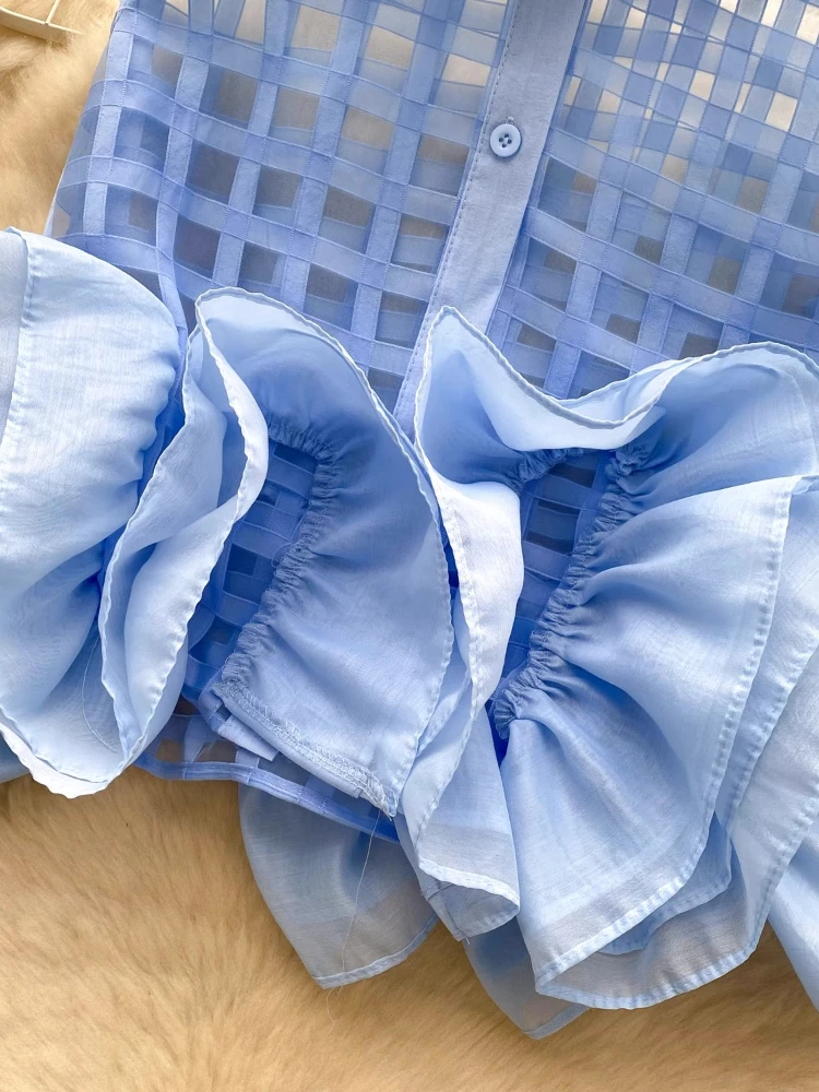 Блузка с 3d оборками по подолу Mujer новые летние рубашки и блузки вырезом на лацкане