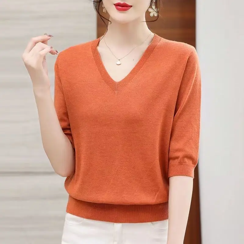 

Spring Autumn New V-Neck Knitting T-shirt Half Sleeve Women's Loose Knittwear Top Slim Thin Solid Color Knitted Blouse