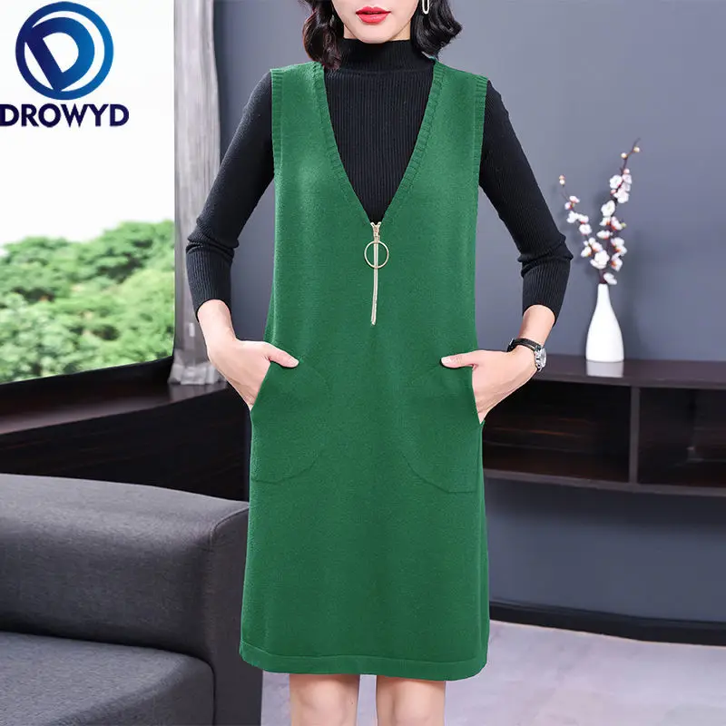 

2021 Winter Woman Casual Oversize Straight Sleeveless Sweater Dress Femlae Thick Knitted Long Vests Lady Knitted Sweater Dresses