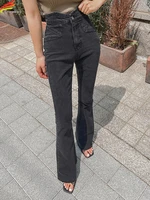 dfrcaeg 2022 new spring summer flare jeans for women high waist button ladies denim pants stretched casual female trousers