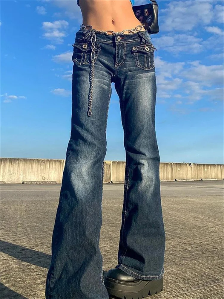 

Новинка 2023, джинсы в Корейском стиле Харадзюку Y2K, гранж, винтажные узкие расклешенные брюки с низкой талией и карманами, брюки-карго в стиле ретро 1920-х годов