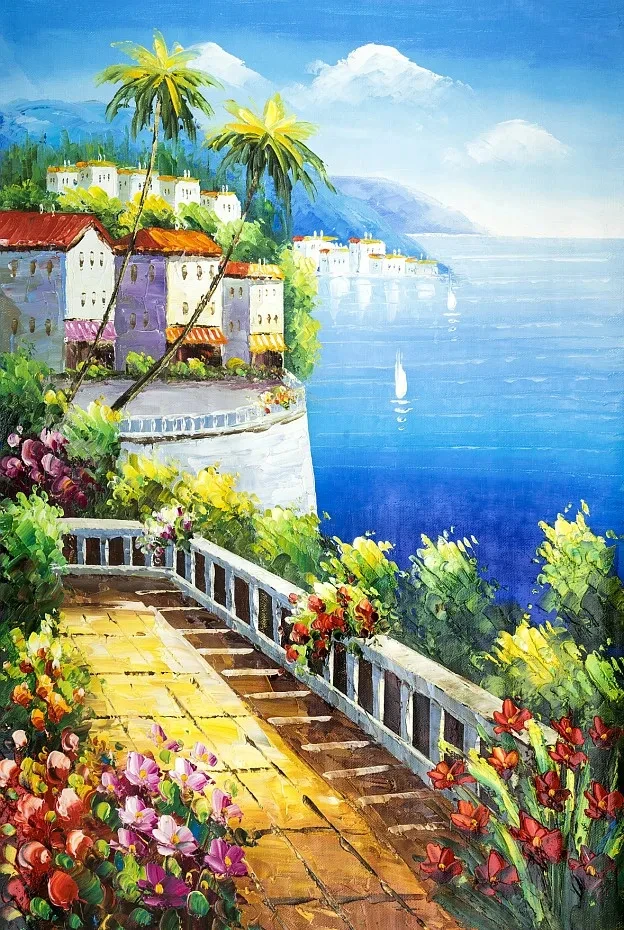 

Картина маслом на холсте «Сад, город, морской пейзаж», Настенная картина для гостиной, домашний декор, настенное искусство без рамки