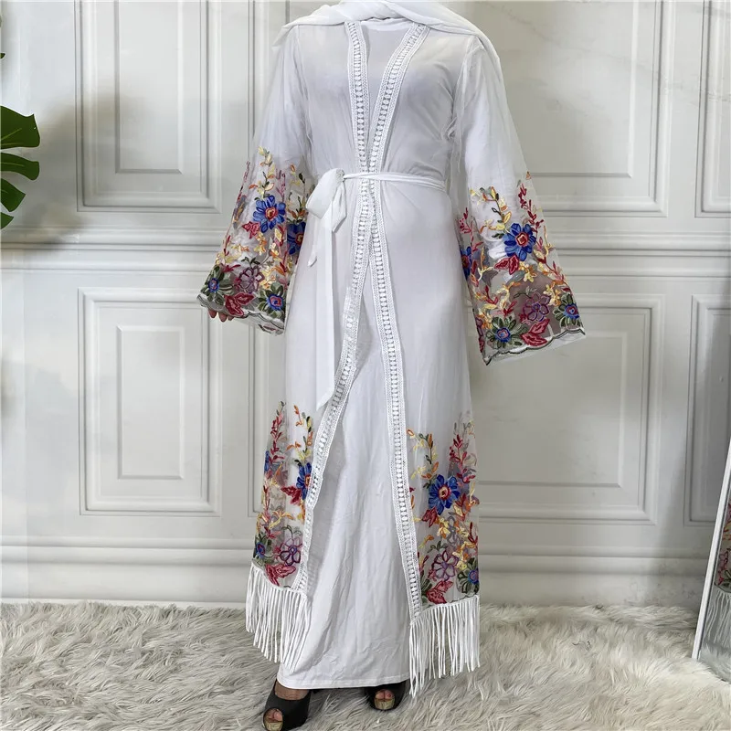 Muslim Open Abayas for Women Dubai Abaya Kimono Embroidery Mesh Cardigan Islam Modest Clothing Arabic Vetement Musulmane Femme