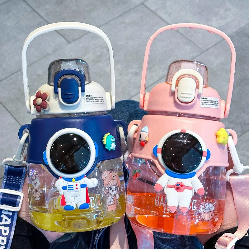 Children's Straw Water Pot Portable Big Belly Cup T Cup Sports Bottle Boy Astronaut Plastic Cup Food Grade for School