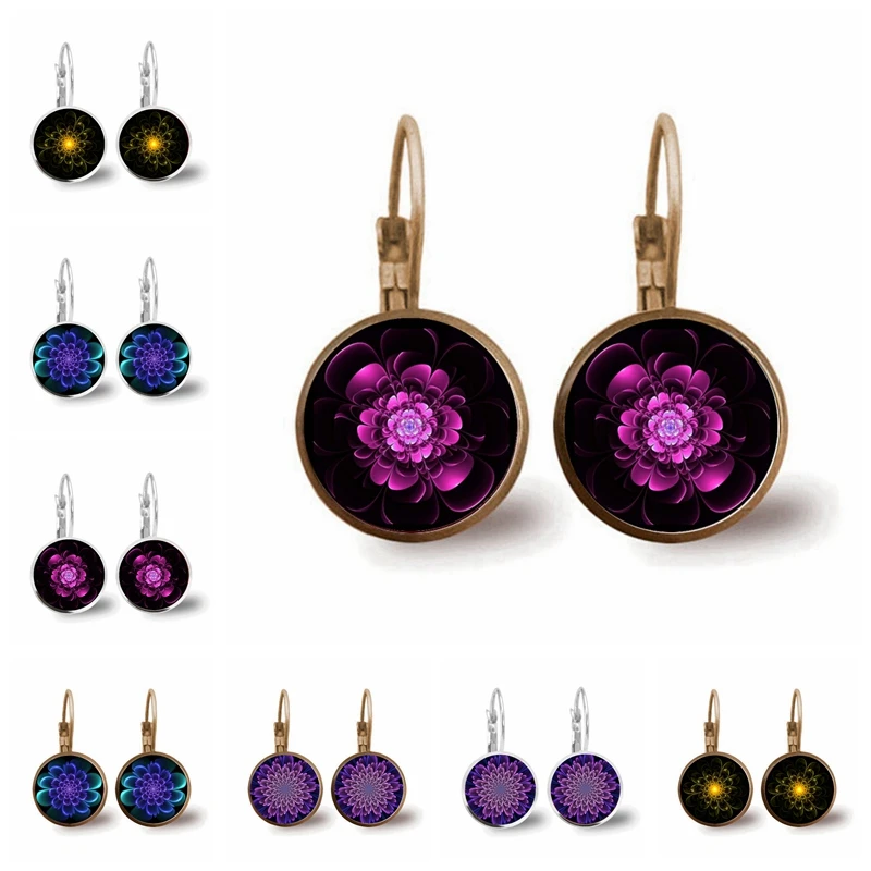 

Fashion 3D Printing Mandala Flower Series Hanging French Earrings 16mm Glass Cabochon Earrings Women Gift Jewelry