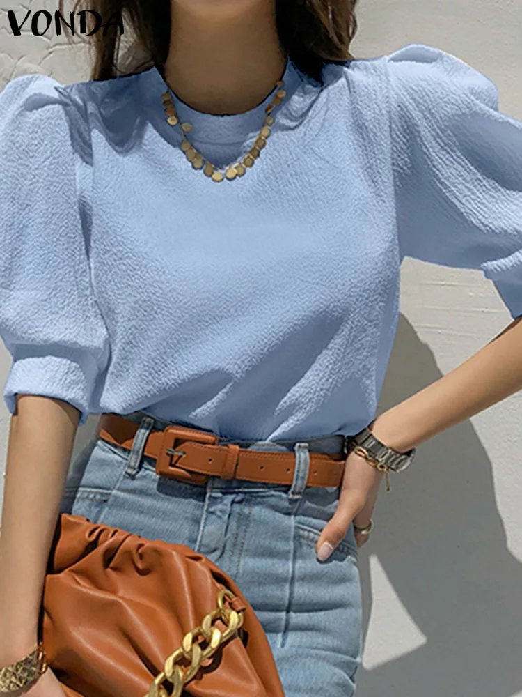 

Женская Осенняя блузка с круглым вырезом, элегантная однотонная блузка VONDA 2022, женские блузки, мешковатые