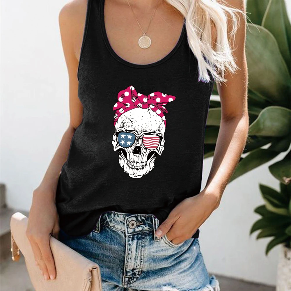 

Women Sleeveless Summer Graphic Vest Fashion Tops for Teens Casual Camiseta Tirantes Mujer Skull Scarf Sunglasses Print Tank Top