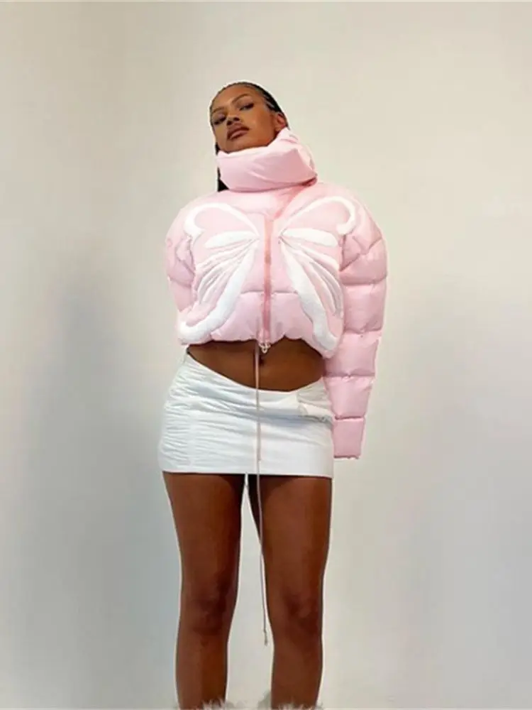 Butterfly Print Stand Collar Splicing Contrast Color Thickened Short Padded Jacket Woman 2022 Autumn Y2K Streetwear Coat Trendy