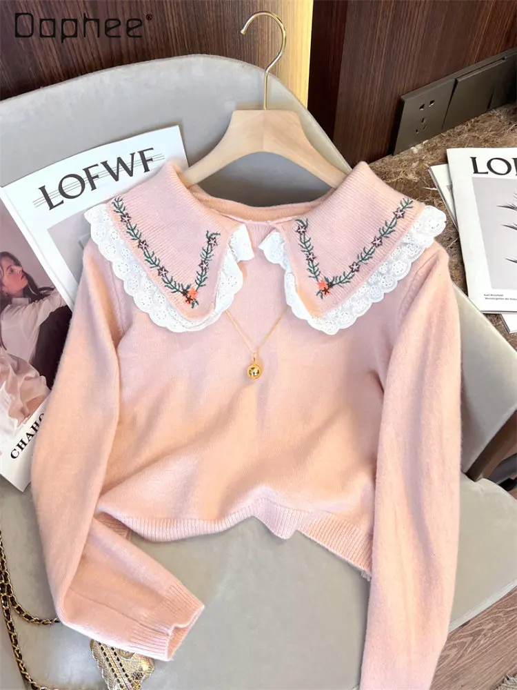 

Japanese Gentle Pink Sweater for Women 2022 Autumn and Winter New Embroidered Peter Pan Collar Stitching Soft Glutinous Sweaters