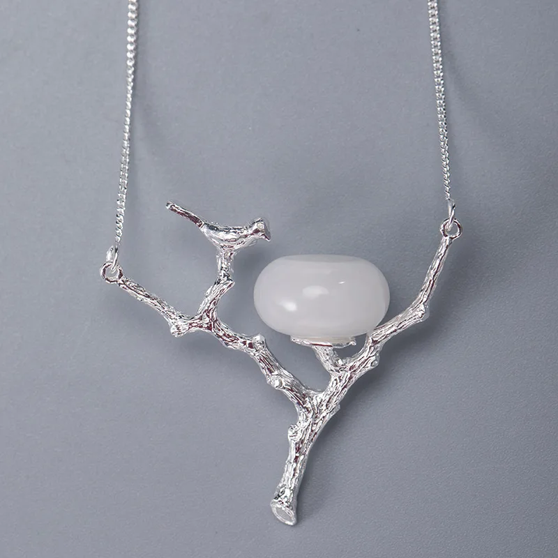 

925 Sterling Silver Jade Chinese Ethnic Style Necklaces for Women 2022 Cute Bird Branch Pendant Choker Jewelry Chain XL042