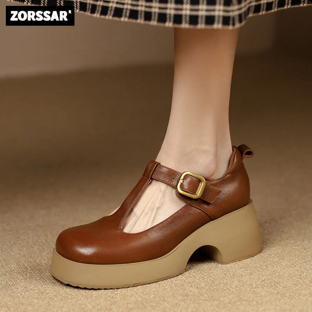 

New Women Dress Shoes Medium Heels Mary Janes Shoes Retro style Cow Leather Pumps Ankle Strap Chunky heel Ladies Shoes Office