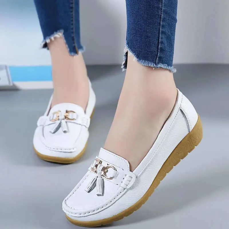 Women Casual Slip-on Loafers Flats Leather Shoes Female Soft Leather Single OL Work Shoes Zapatos Mujer Yellow White New 2023
