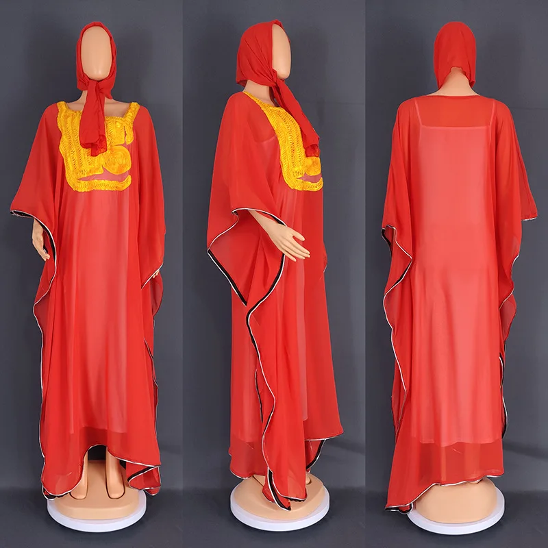 2 Piece Set Chiffon African Dresses For Women Elegant Rope Embroidery Long Dress Muslim Abaya Lady Traditional Africa Clothing