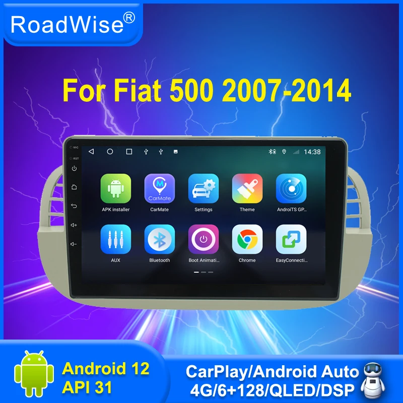 Roadwise 8+256 Android 12 Car Radio Multimedia Carplay For Fiat 500 2007 - 2014 4G Wifi GPS Navy DSP DVD 2 Din Autoradio Stereo