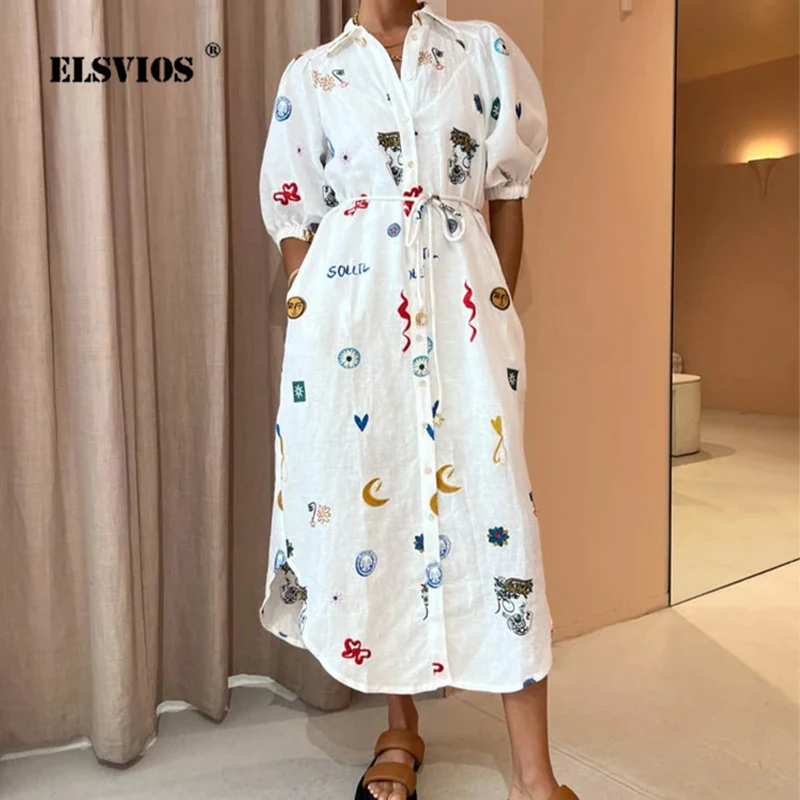 

Vestidos Loose Casual Print Turn-down Collar Half Sleeve Buttons Cardigan Lace-up Mid Length Skirt Autumn Elegant Ladies Dresses