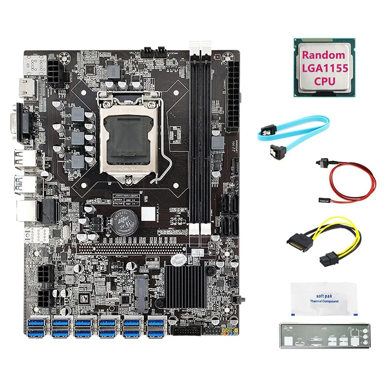 B75 12USB BTC Mining Motherboard+CPU+SATA 15Pin To 6Pin Cable+SATA Cable+Switch Cable+Baffle+Thermal Grease For ETH