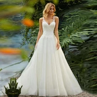 beach v neck lace wedding dress 2022 sleeveless fashion backless bridal gown appliques sweep train button tulle vestido de novia