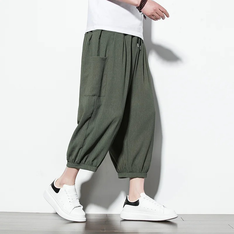 

Брюки мужские хлопково-льняные с эластичным поясом, повседневные свободные спортивные штаны-султанки, традиционные китайские раньше, осен...