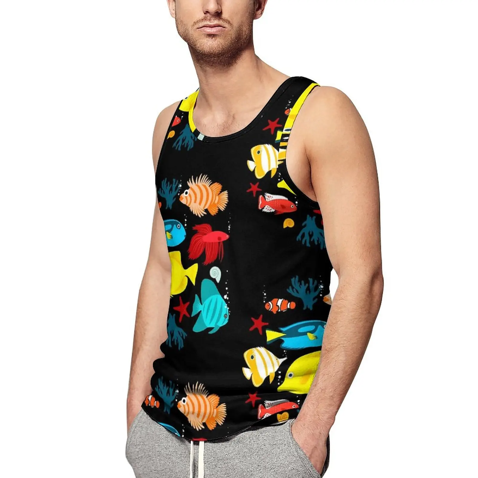 

Tropical Marine Tank Top Male Colorful Fishes Print Sportswear Tops Daily Training Printed Sleeveless Shirts Plus Size