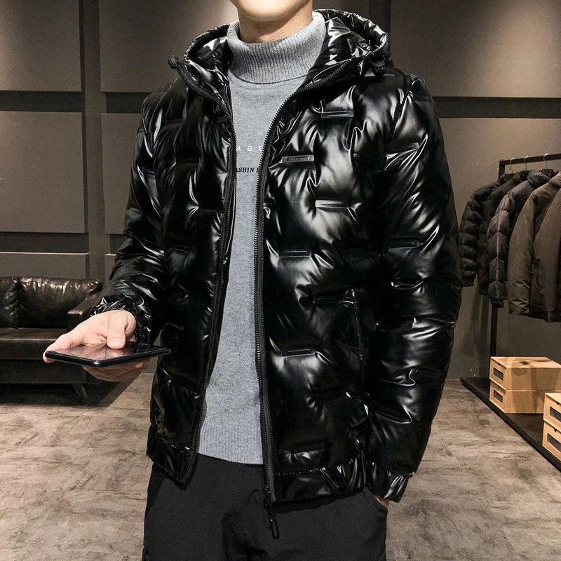 

Fashion Male Winter Coat Glossy Short Thicken Warm Men Padded Jacket Vintage Streetwear Casual Loose Heated Hooded Outerwerar