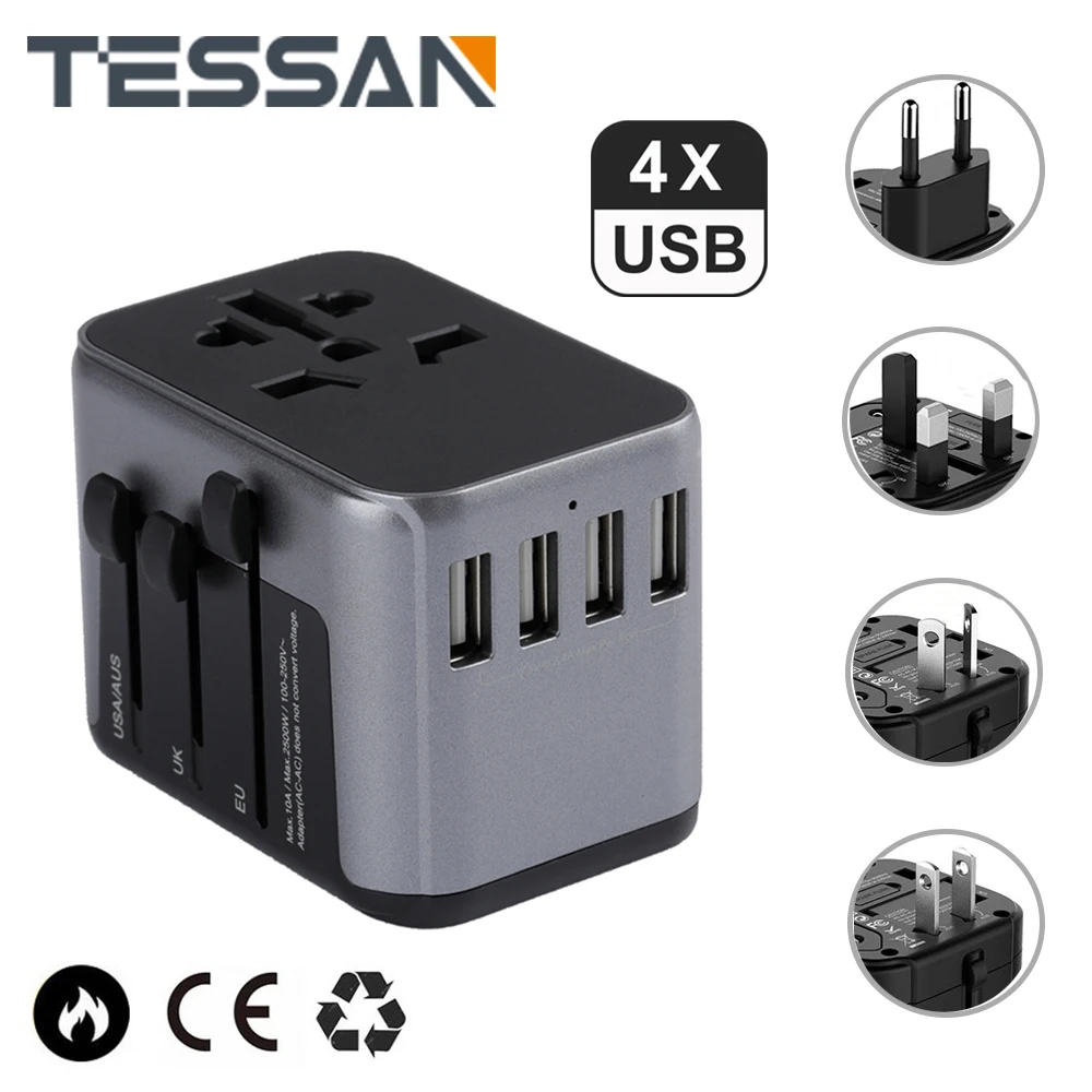 

TESSAN Travel Adapter International Universal Power Adapter All-in-one with 4 USB Worldwide Wall Charger for UK/EU/AU/US