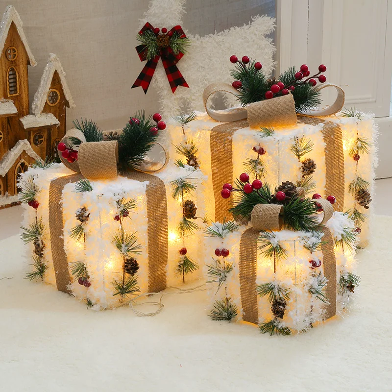 

3pcs/set Christmas Gift Box Christmas Tree Decor Ornament with LED Light Luminous Wrought Iron Hollow Box New Year Decor Supplie