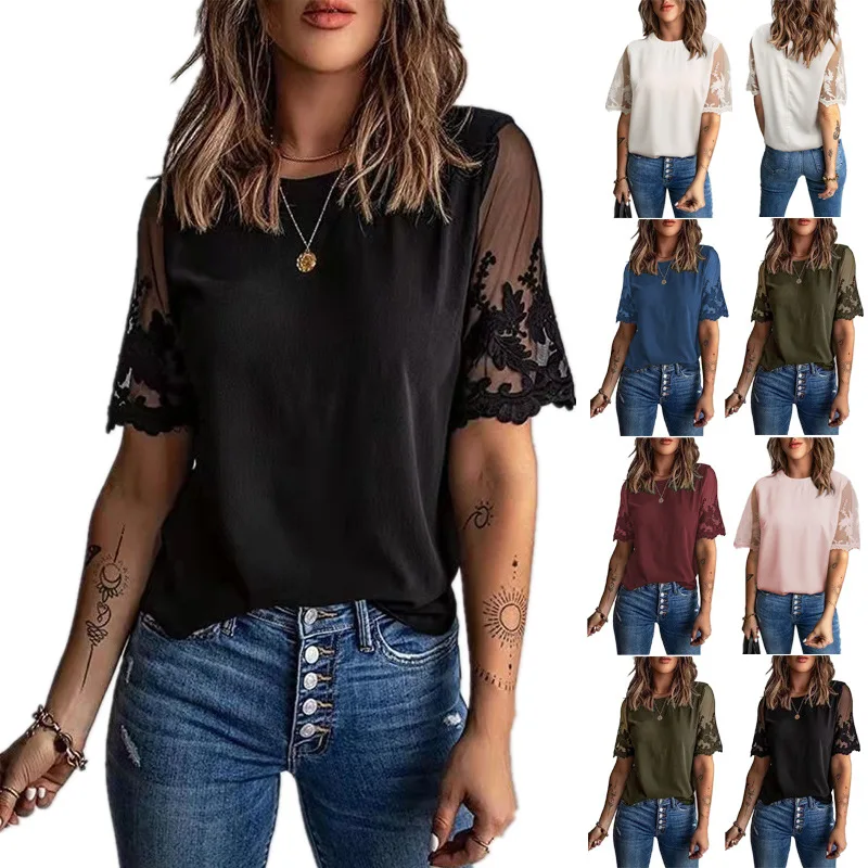 

Women Casual Round Neck Lace Sleeve Blouse Tops Summer Short Sleeve Solid Color Pullover 2022 Summer Lady Elegant Shirt