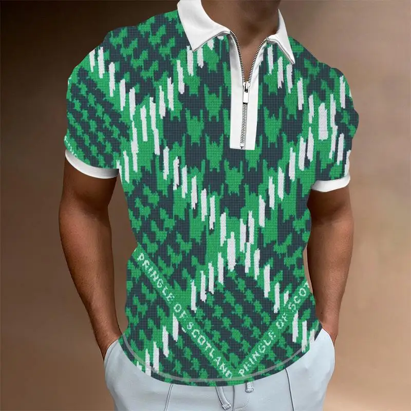

2022 New Summer High Quality Men's High Street Print Contrast Color Casual Short Sleeve Men's Lapel Zipper Men's Polo Shir