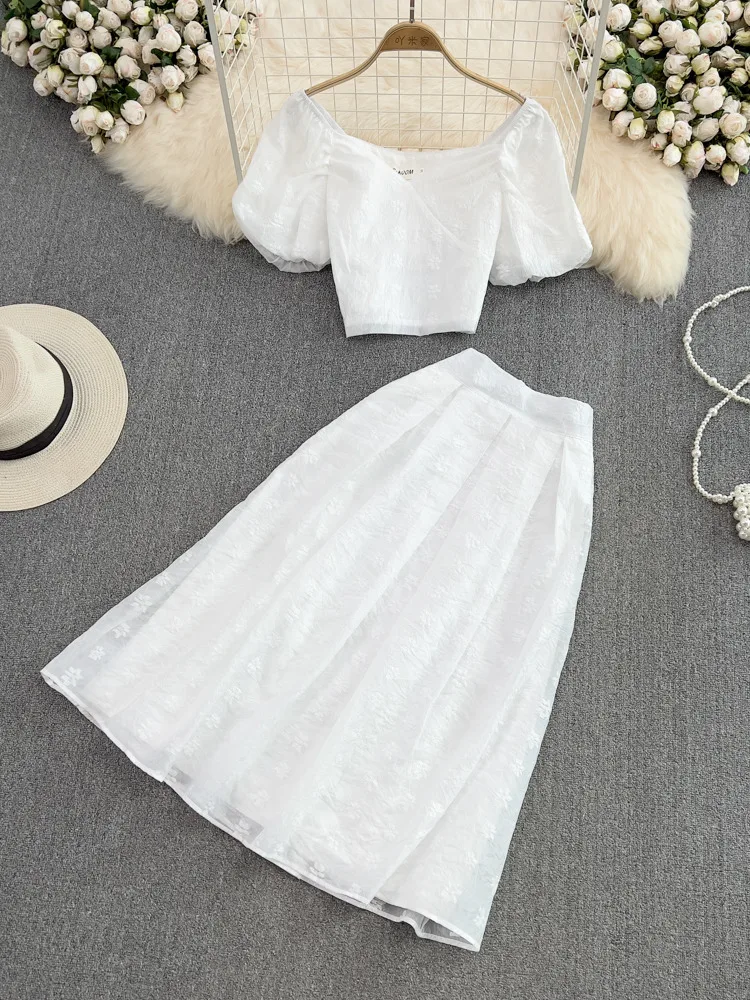 

Small Fragrance Two Piece Set Women Puff Sleeve Shirt Blouse Crop Top + Long Skirt Suits Fashion Casual Summer 2 Piece Sets